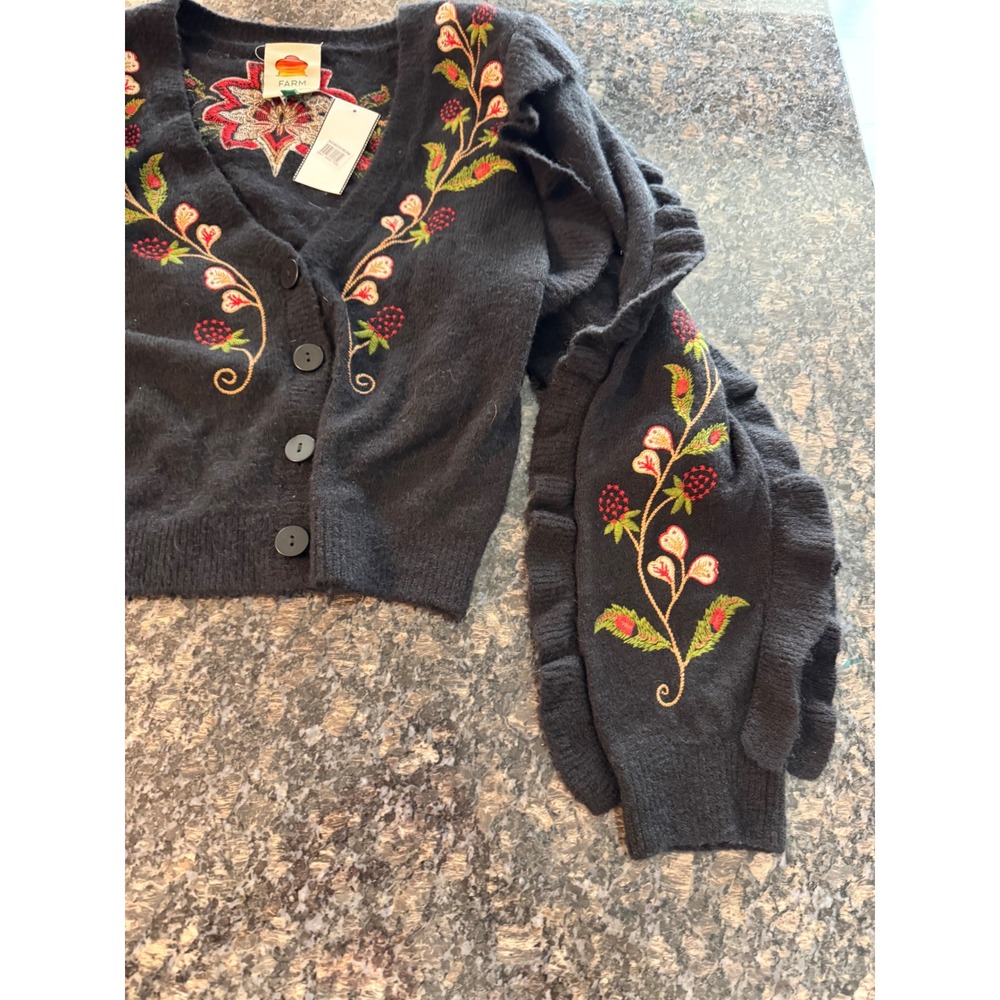 Farm Rio Embroidered Ruffle Sleeve Cropped Cardigan Sweater XS Floral NWT - Picture 3 of 12